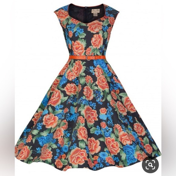 Lindy Bop Blue and Orange Floral Retro Silhouette Style Pin Up Fit & Flare Dress - Picture 10 of 10